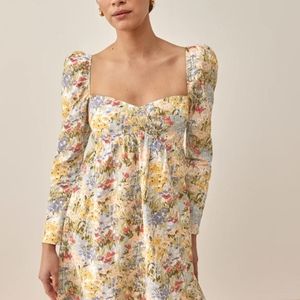 Reformation Yellow and Blue Ruched Empire Sundress